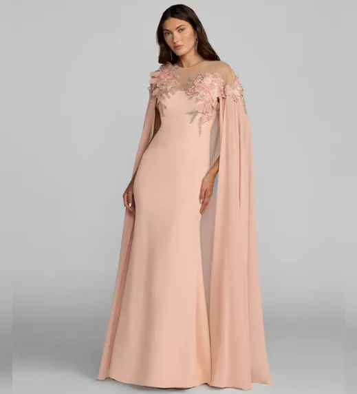 Pink Embellished Crepe Gown With Chiffon Cape